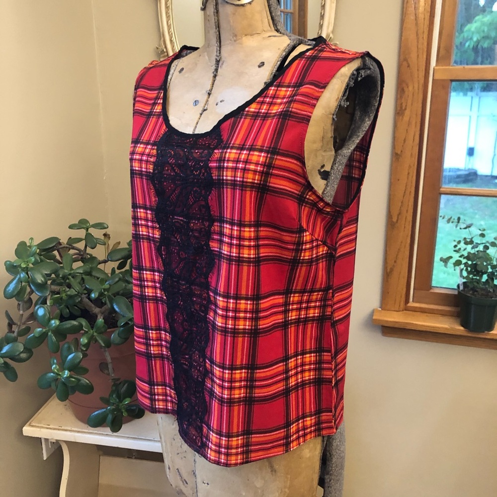 Plaid lace shell tank blouse medium